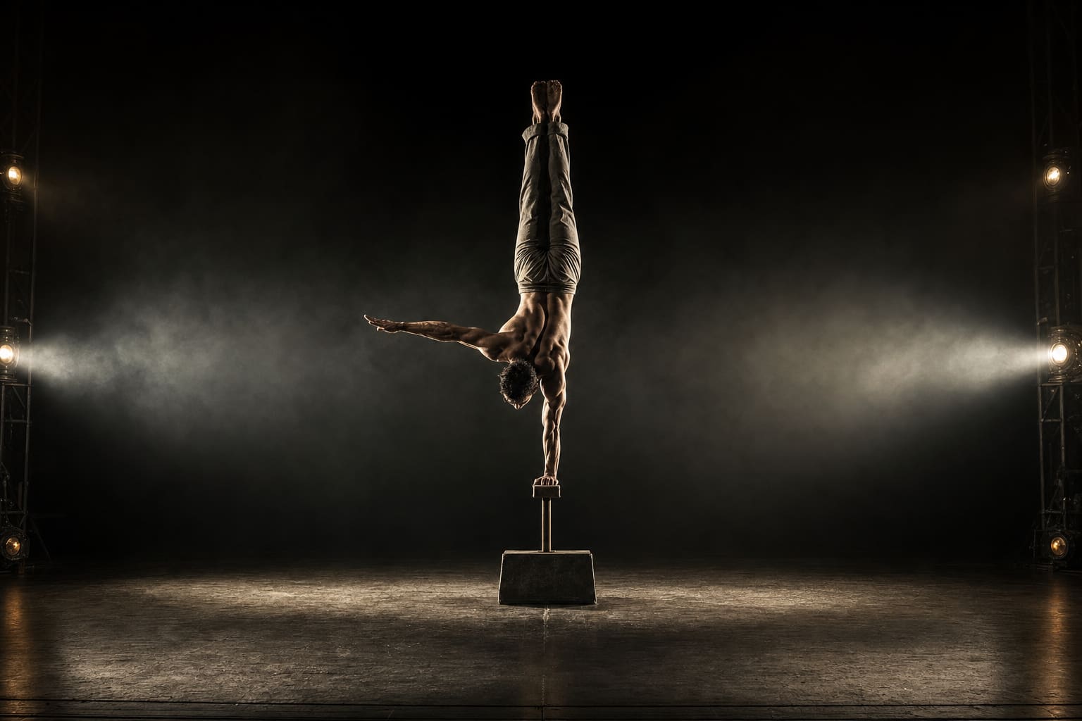 Handstandartist im einarmigen Handstand auf einem niedrigen Block, hart von der Seite angestrahlt (AI)
